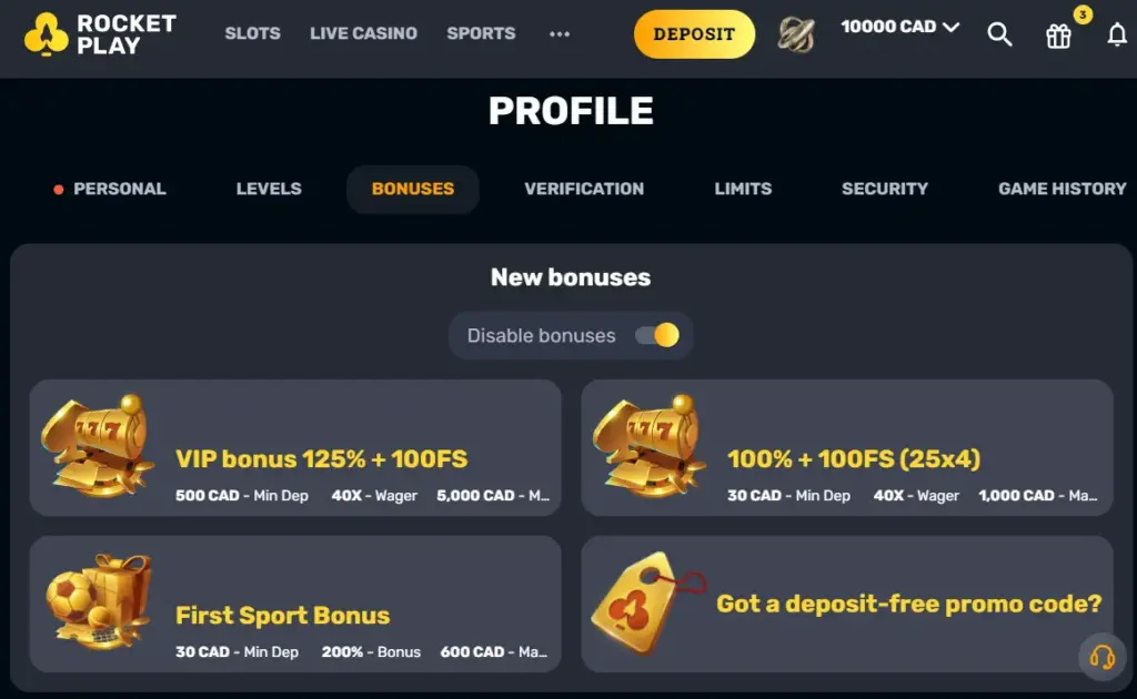 Player's Profile After RocketPlay Slot Login