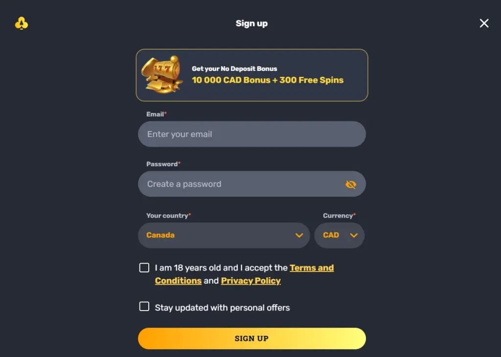 Registration for Rocket Play Casino No Deposit Bonus